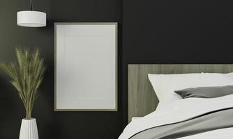 maquette de cadre d'affiche dans un intérieur moderne de plancher en bois derrière le lit dans une chambre isolée sur fond sombre, rendu 3d, illustration 3d photo