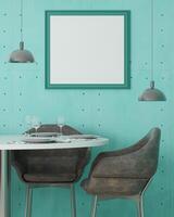 salon avec table, chaise et cadre mural, style 3d photo