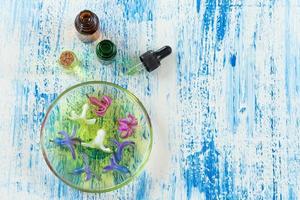 fleurs bleues, blanches et roses de jacinthe dans un bol en céramique avec compte-gouttes d'huile essentielle et bouteille sur fond photo