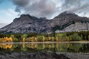 montagnes rocheuses avec forêt de pins d'automne et nuages soufflant sur un étang de coin au pays de kananaskis photo