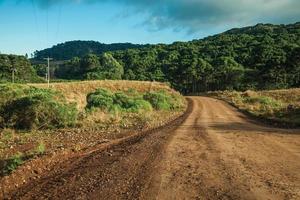 chemin de terre déserte traversant des plaines rurales appelées pampas avec des collines verdoyantes et des arbres près de cambara do sul. une petite ville de campagne dans le sud du brésil avec des attractions touristiques naturelles étonnantes. photo