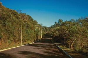 rue pavée vide avec des poteaux électriques à haute tension parmi des arbres luxuriants près de gramado. une jolie ville d'influence européenne dans le sud du brésil très recherchée par les touristes. photo