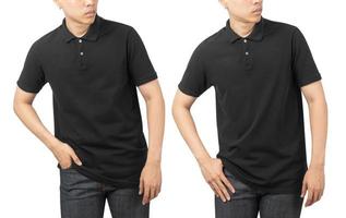 Jeune homme en t-shirt de polo vierge avant et arrière utilisé comme modèle de conception, isolé sur fond blanc avec un tracé de détourage photo