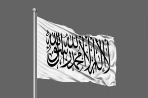 taliban brandissant l'illustration du drapeau sur fond gris photo