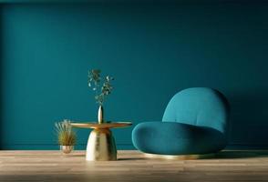 salon scandinave bleu, avec fauteuil bleu et table dorée. rendu 3D