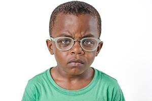 portrait de une sérieux Jeune garçon portant des lunettes photo