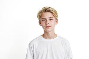 portrait de une Jeune homme avec blond cheveux et taches de rousseur photo