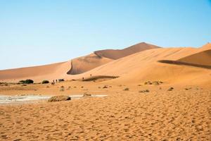 paysage désertique. dunes de sable et groupe de personnes vues de dos marchant sur une dune. namibie photo
