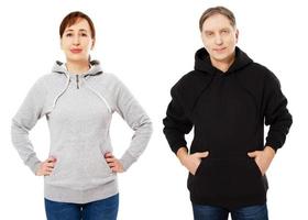 femme et homme en hoodie mock up isolé sur le modèle d'espace de copie de fond blanc. modèle vierge de sweat-shirt vide photo