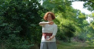 femme pratiquant le qigong et la méditation dans un parc ou une forêt d'été photo