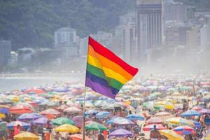 drapeau arc-en-ciel du mouvement lgbt sur la plage d'ipanema à rio de janeiro - brésil. photo