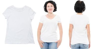 conception de t-shirt et concept de personnes - gros plan sur une femme d'âge moyen en t-shirt blanc vierge, chemise, avant et arrière isolés. photo