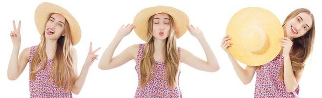 définir le portrait de collage d'une belle fille au chapeau, dame au chapeau d'été photo