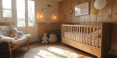 moderne bébé pièce scandinave meubles Naturel en bois accents et rétro décor avec unisexe jouets photo