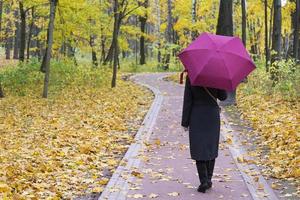 concept de voyage jeune femme avec parapluie, pique-nique parc de la ville d'automne lumineux