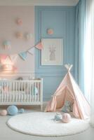 confortable enfants salle de jeux avec une coloré tipi et pastel décor pour imaginatif jouer photo