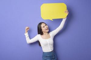 jeune femme tient un discours vide jaune sur fond violet photo