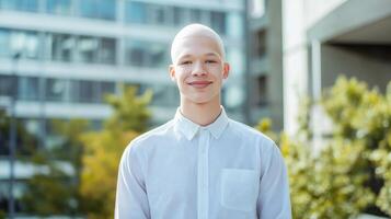 content albinos africain américain Jeune homme dans blanc chemise en plein air, diverse représentation pour La publicité et conception photo