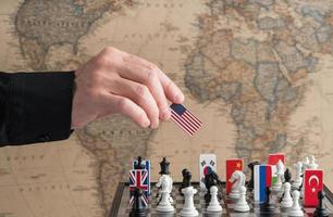 la main du politicien déplace une pièce d'échecs avec un drapeau. photo conceptuelle d'un jeu politique. mouvement de représailles usa