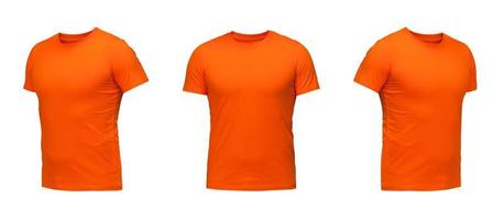 t-shirt orange sans manches. chemise vue de face trois positions sur fond blanc photo