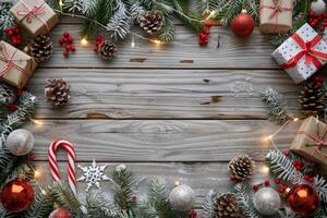 de fête Noël décorations bordant rustique en bois Contexte photo