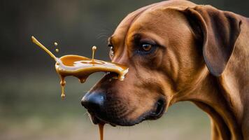 une fermer de une chiens visage avec une égouttage substance, création une espiègle et humoristique effet. photo