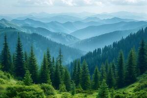 tranquille Montagne paysage avec luxuriant vert pin forêt et roulant collines photo