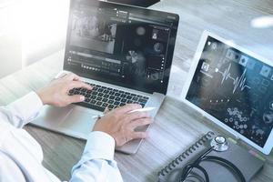 médecin travaillant avec une tablette numérique et un ordinateur portable avec un téléphone intelligent dans un bureau d'espace de travail médical et une vidéoconférence en tant que concept photo