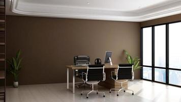 Chambre minimaliste de bureau de rendu 3d avec intérieur design en bois photo