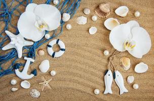 coquillages avec du sable et des fleurs d'orchidées photo