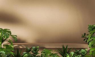 arrière-plan abstrait pour l'image de marque et la présentation du produit, ombre de plantes tropicales pare-soleil sur la marche en ciment marron. rendu 3d photo