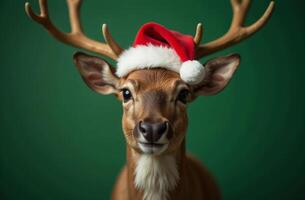 Nouveau année cerf mignonne portrait dans Père Noël claus chapeau sur vert arrière-plan, Noël carte avec endroit pour texte photo