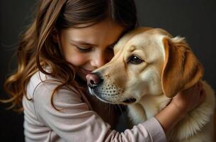 enfant étreindre animal de compagnie, mignonne relation amicale de chien et enfant, foncé Contexte photo