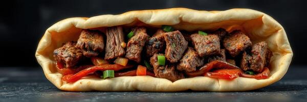 délicieux grillé steak enveloppé dans galette avec Frais des légumes servi à une vibrant rue nourriture marché stalle photo