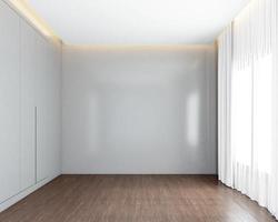 chambre vide avec mur gris et armoire grise, rideau blanc et parquet marron. rendu 3d
