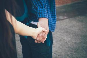 amoureux des touristes tenant la main et marchant au parc. photo