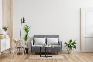 maquette de mur intérieur de salon avec canapé, fauteuil et plantes sur fond de mur blanc vide. photo