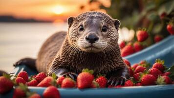 un loutre repos sur une lit de des fraises par le l'eau pendant le coucher du soleil. photo