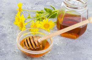 miel de fleur aromatique, fleurs sauvages sur fond gris. photo