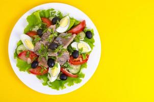 salade de légumes frais, œuf, poisson en conserve et olives. photo