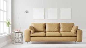 salon avec canapé en cuir avec oreillers, rendu rustique minimal, 3d photo