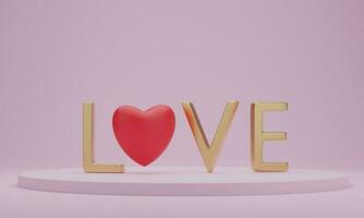 rendu 3d. alphabet amour avec coeur sur le podium de présentation. conception de concept de la saint-valentin. fond rose. photo