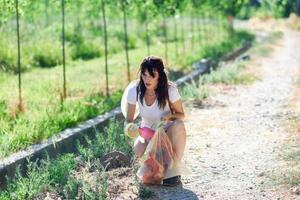 main de femme ramassant les ordures de l'herbe dans la campagne photo