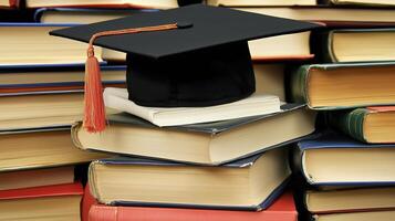 l'obtention du diplôme casquette repose sur une pile de académique livres dans une étude environnement photo