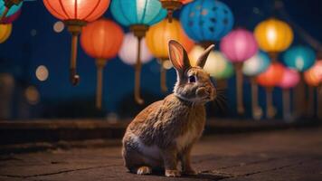 une lapin est assis pacifiquement parmi coloré lanternes à nuit. photo