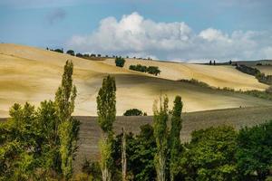 automne en italie. collines labourées jaunes de toscane avec des ombres et des lignes intéressantes photo