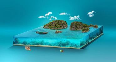 Illustration 3D de l'océan avec bateau isolé avec des nuages. fond de voyage et de vacances. annonces touristiques en thaïlande photo