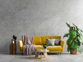 canapé jaune et une table en bois à l'intérieur du salon avec plante, mur en béton. photo
