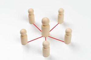 les poupées en bois sont reliées par des lignes rouges sur fond blanc. travail d'équipe, leadership, entreprise, concept de gestion des ressources humaines photo