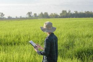 jeune agricultrice intelligente avec tablette sur le terrain, innovations de haute technologie et agriculture intelligente photo